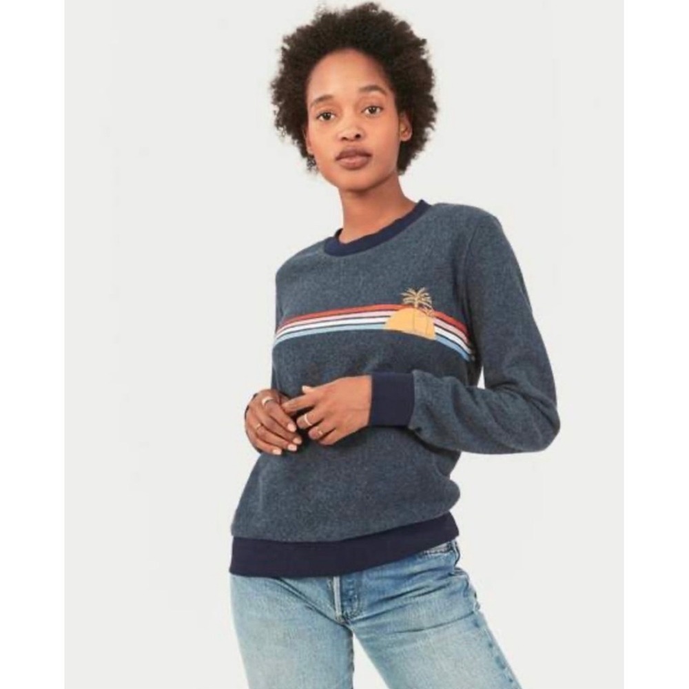 Fatherty Aloha Stripe Textured Fleece Crew Neck Sweatshirt Navy Blue Size M Cozy
